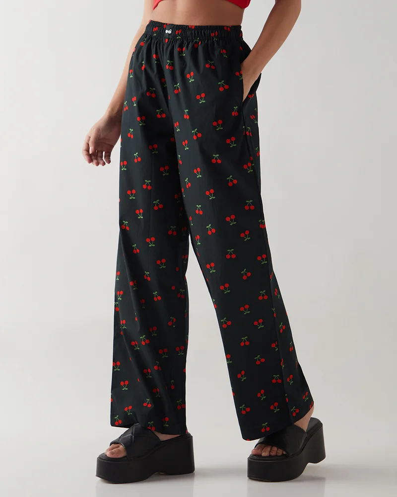 bewakoof Women's Black All Over Printed Wide Leg Pyjamas
